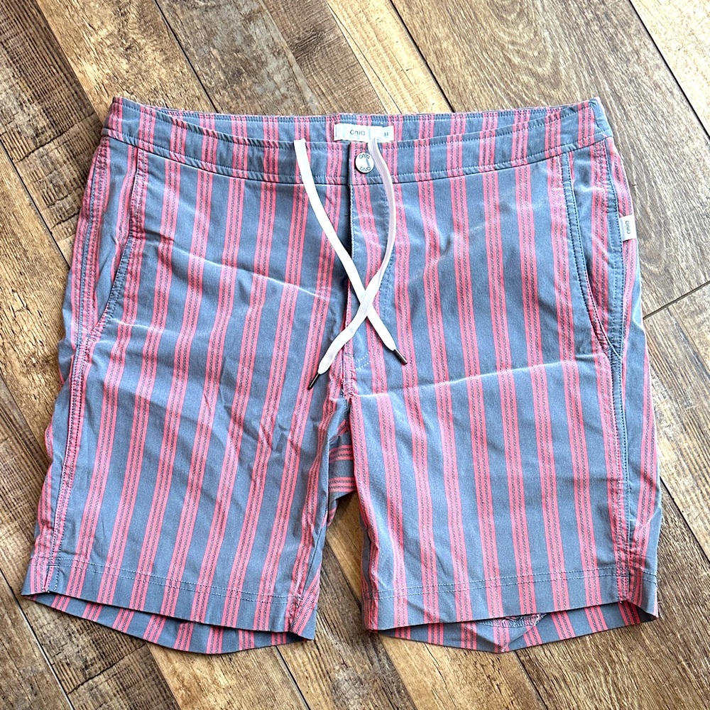 Onia pink and Blue/grey Striped Board Shorts